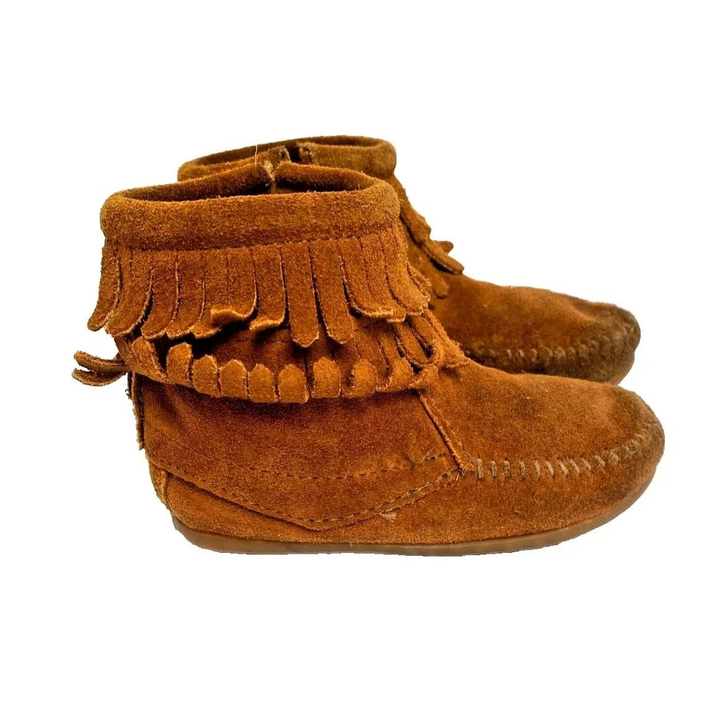 Minnetonka Girl's Brown Suede Leather Fringe Ankle Boots Moccasin Zipper -Sz 9T